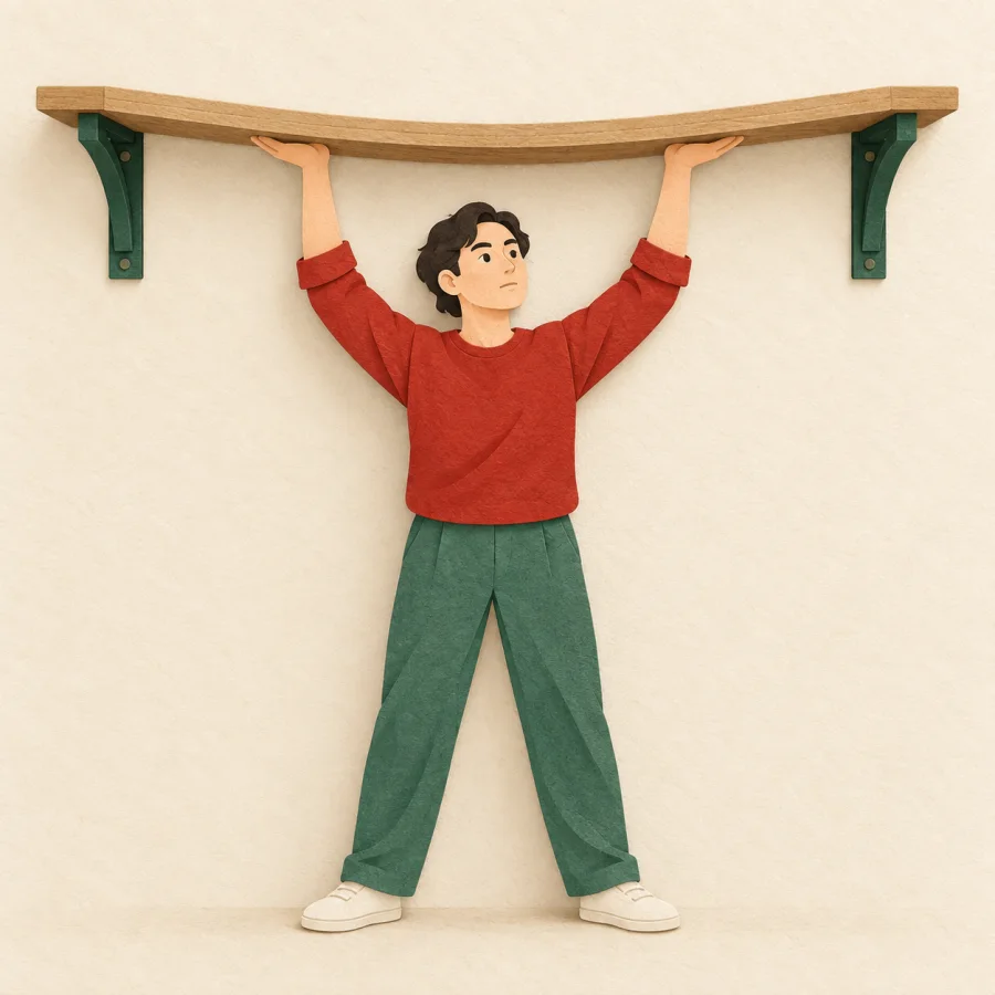 A person holding up a shelf