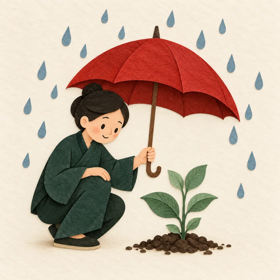 A person shielding a small plant
