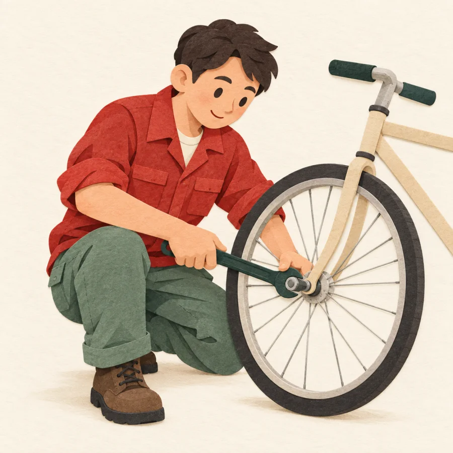 A mechanic fixing a bicycle wheel