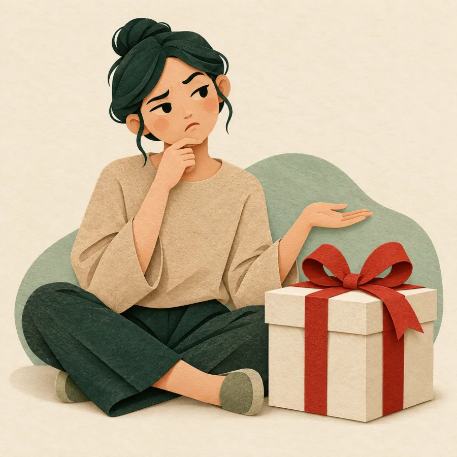 A doubtful person beside a gift