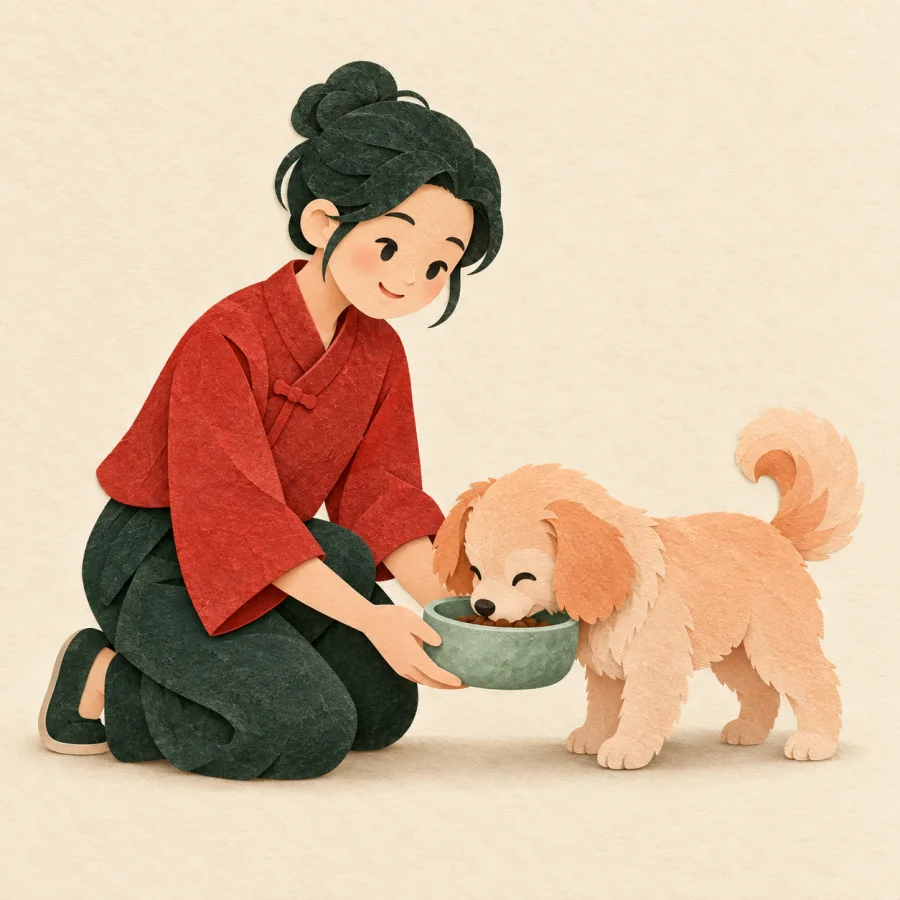 Une personne qui nourrit un chien