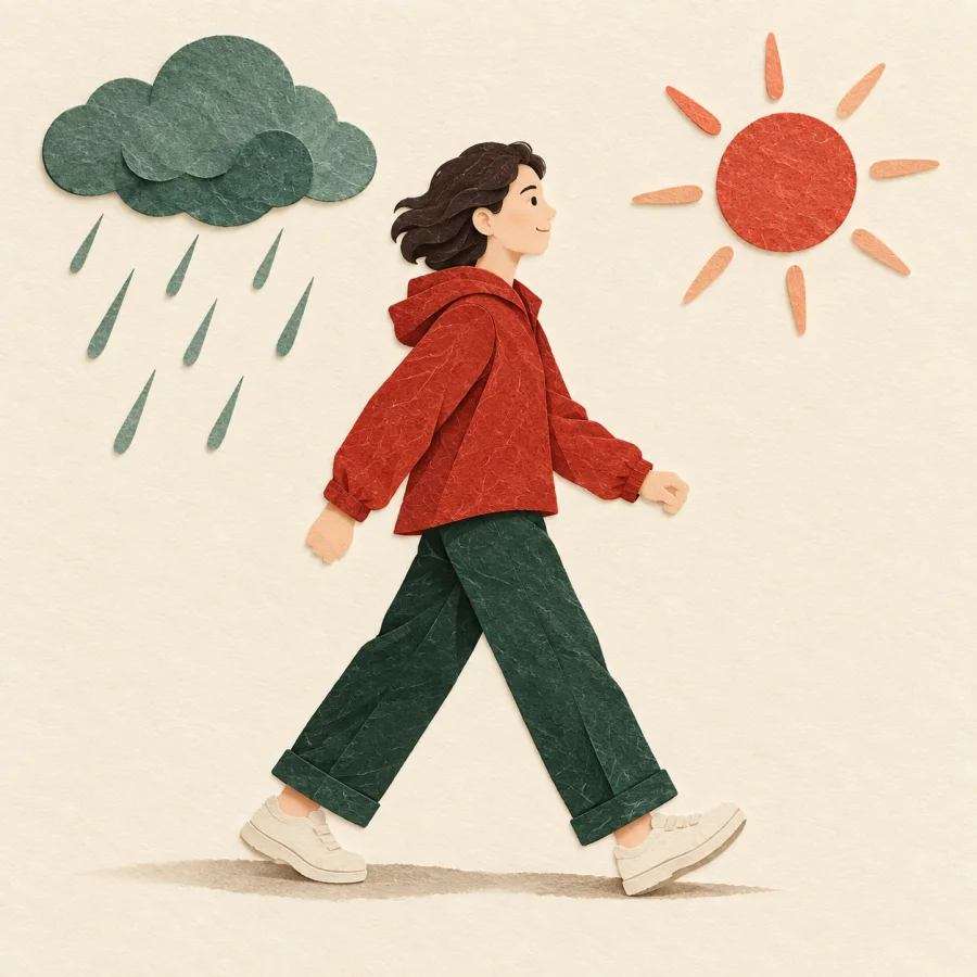 Eine Person, die durch wechselhaftes Wetter spaziert