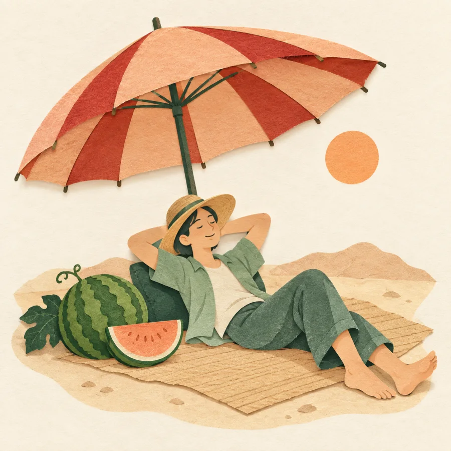 A person resting under an umbrella