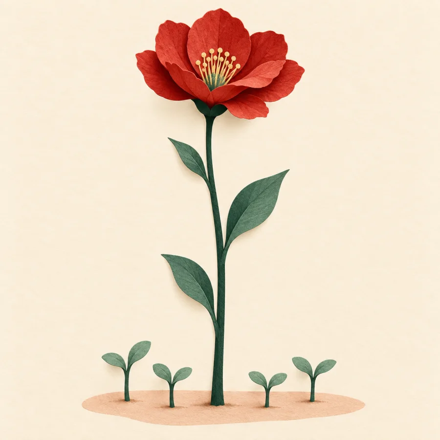 Eine hohe Blume über kleinen Keimlingen