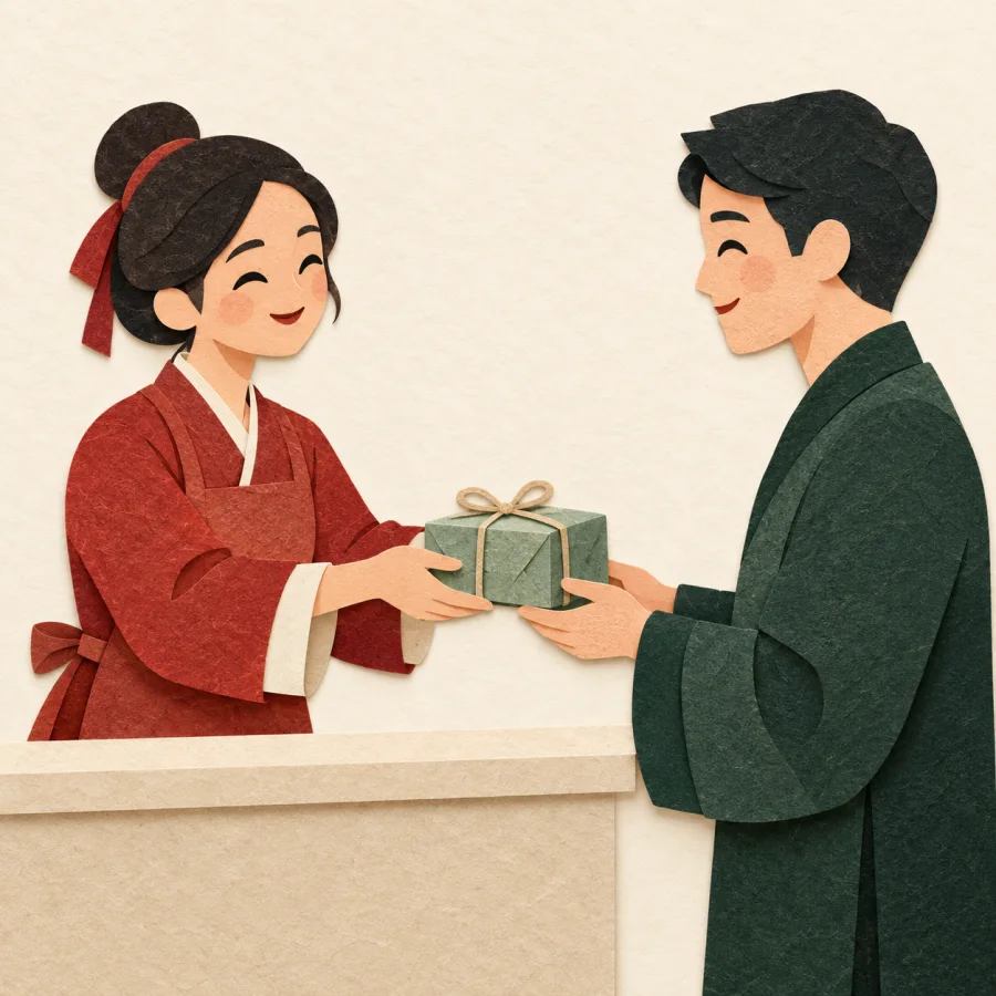 A shopkeeper handing over a parcel