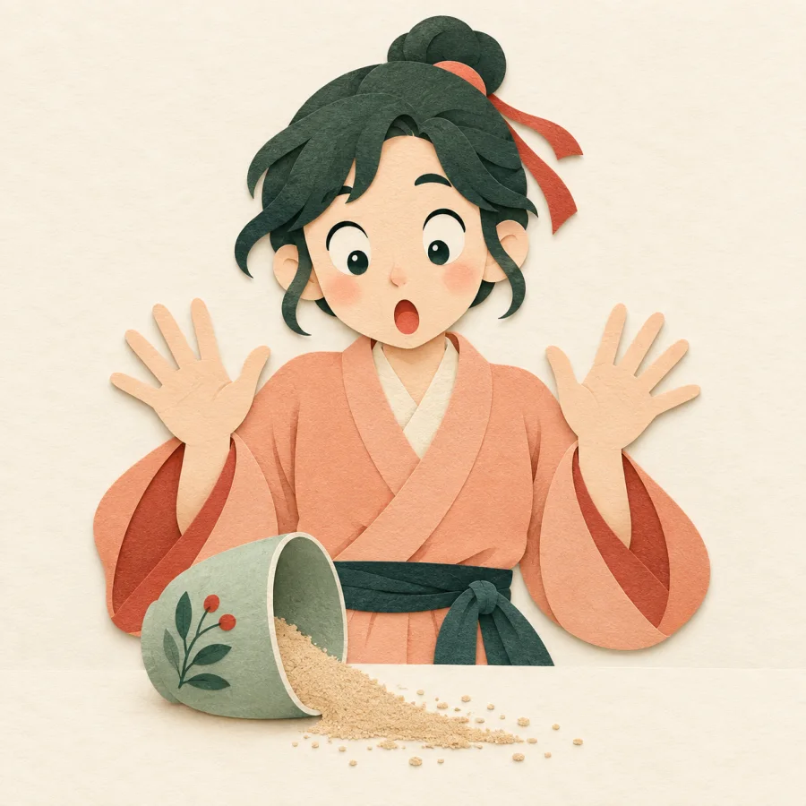 A startled person by a tipped cup