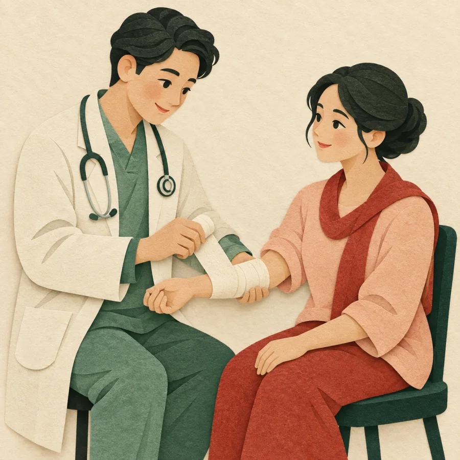 Seorang dokter membalut perban pasien