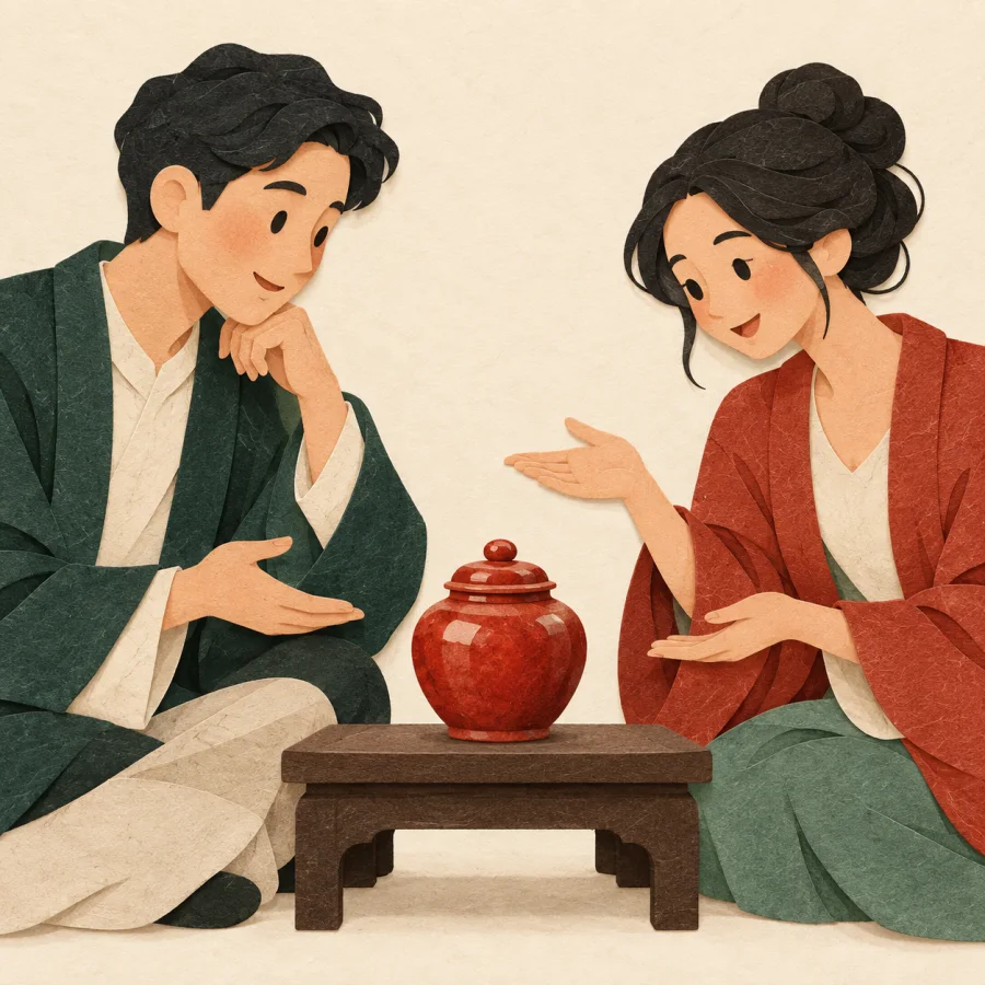 สองคนกำลังคุยกันรอบหม้อ