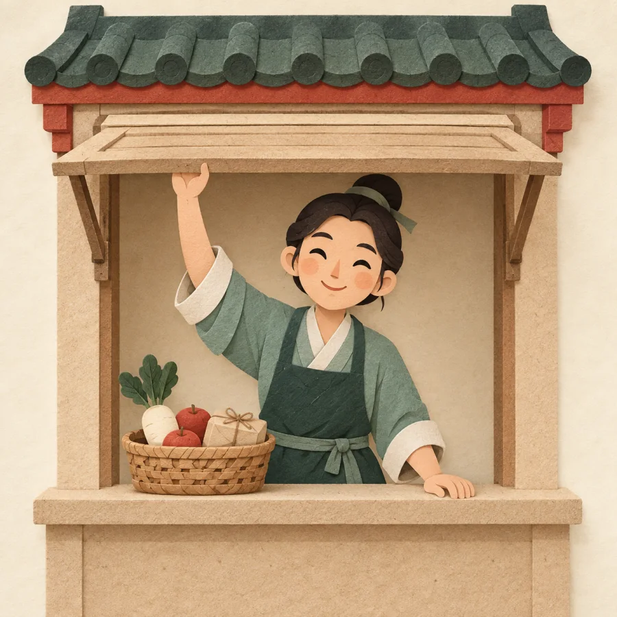 A shopkeeper opening a storefront counter