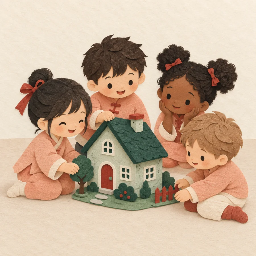 Des enfants jouent autour d'une maison de jouets