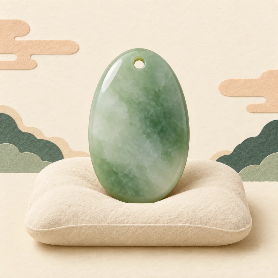 A stone pendant on a cushion