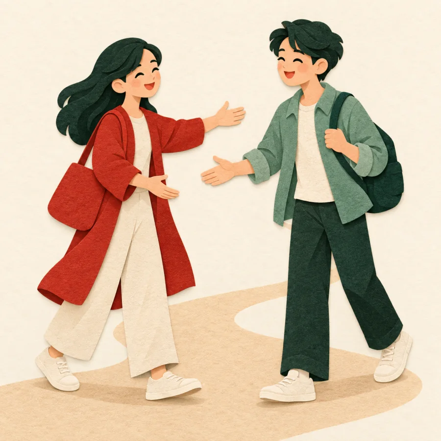 เพื่อนสองคนเดินมาเจอกันบนทางเดิน