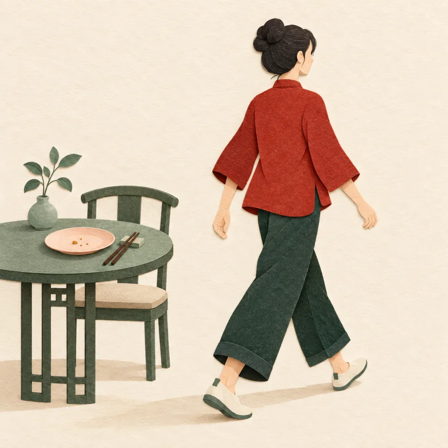 A person leaving after a meal