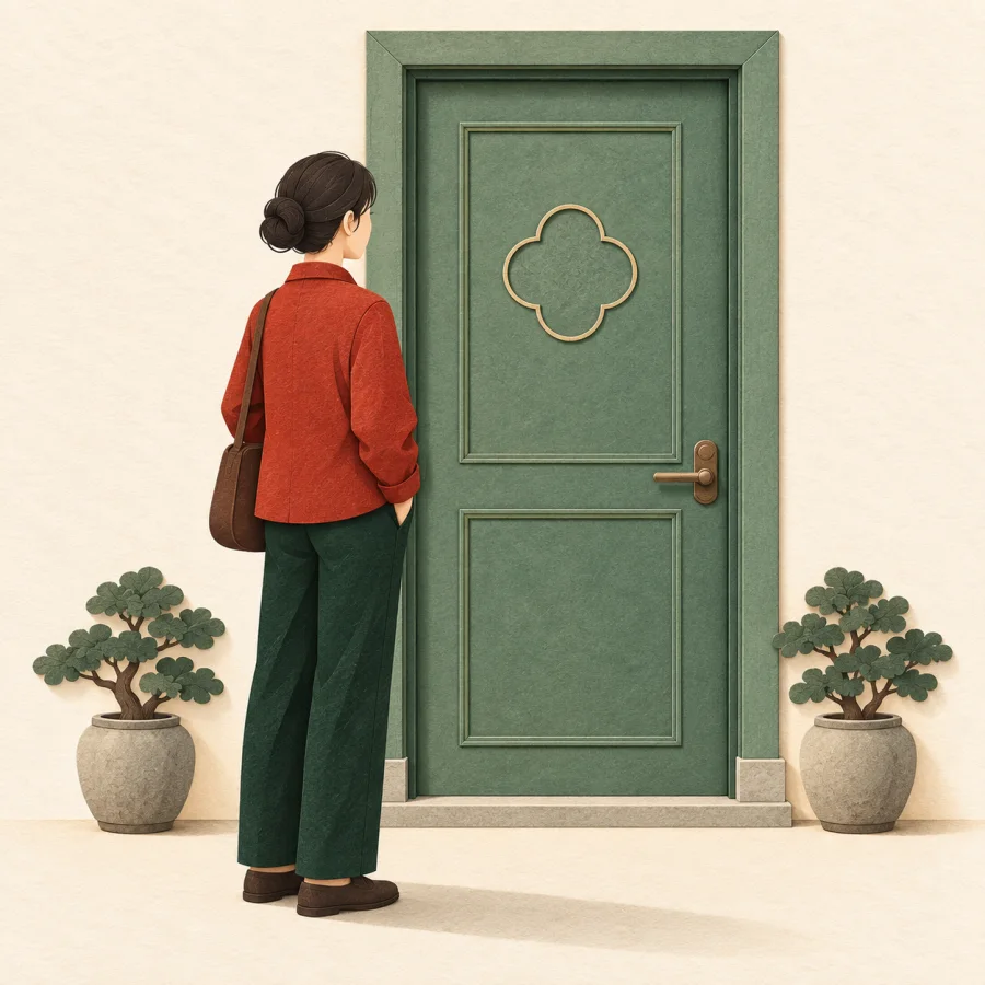 Una persona esperando junto a una puerta