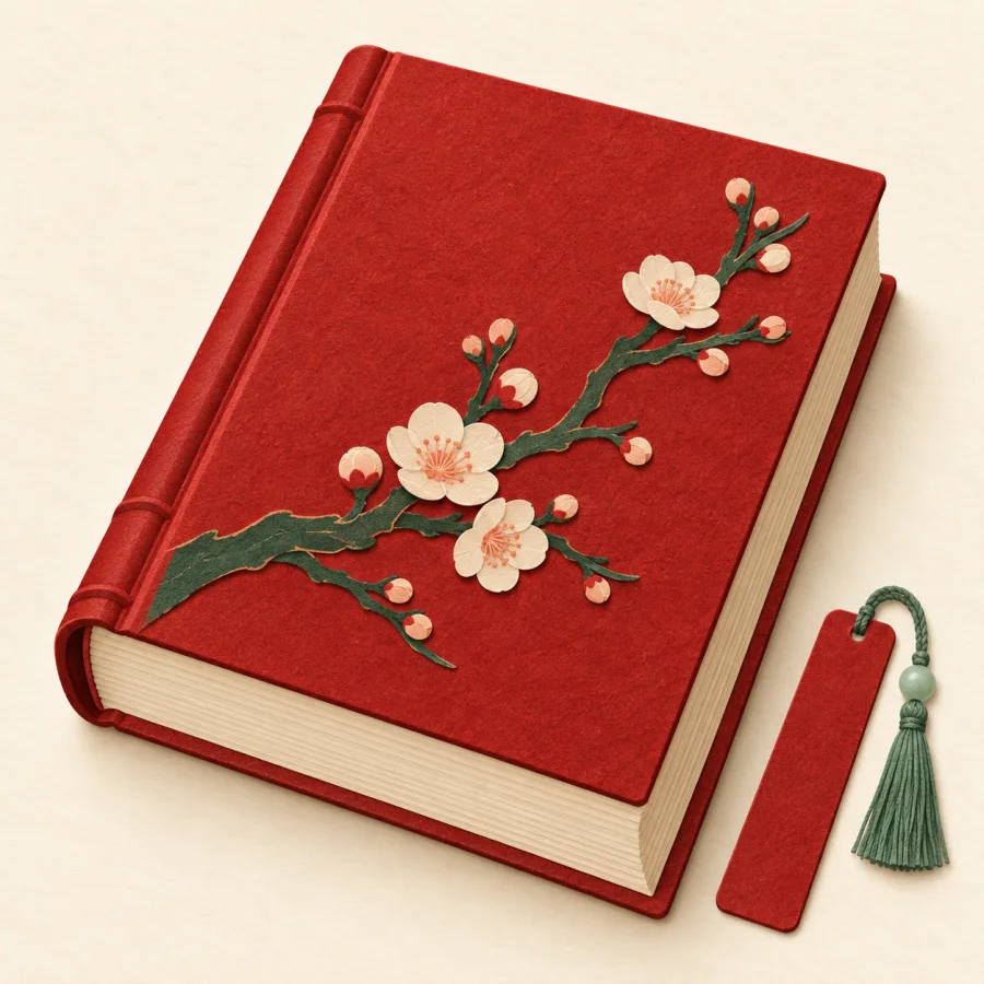 หนังสืออยู่ตรงกลาง มีวัตถุหนึ่งชิ้นข้าง ๆ