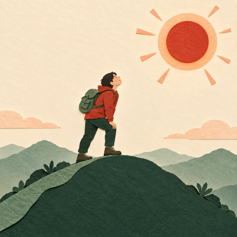 A tired person on a hilltop