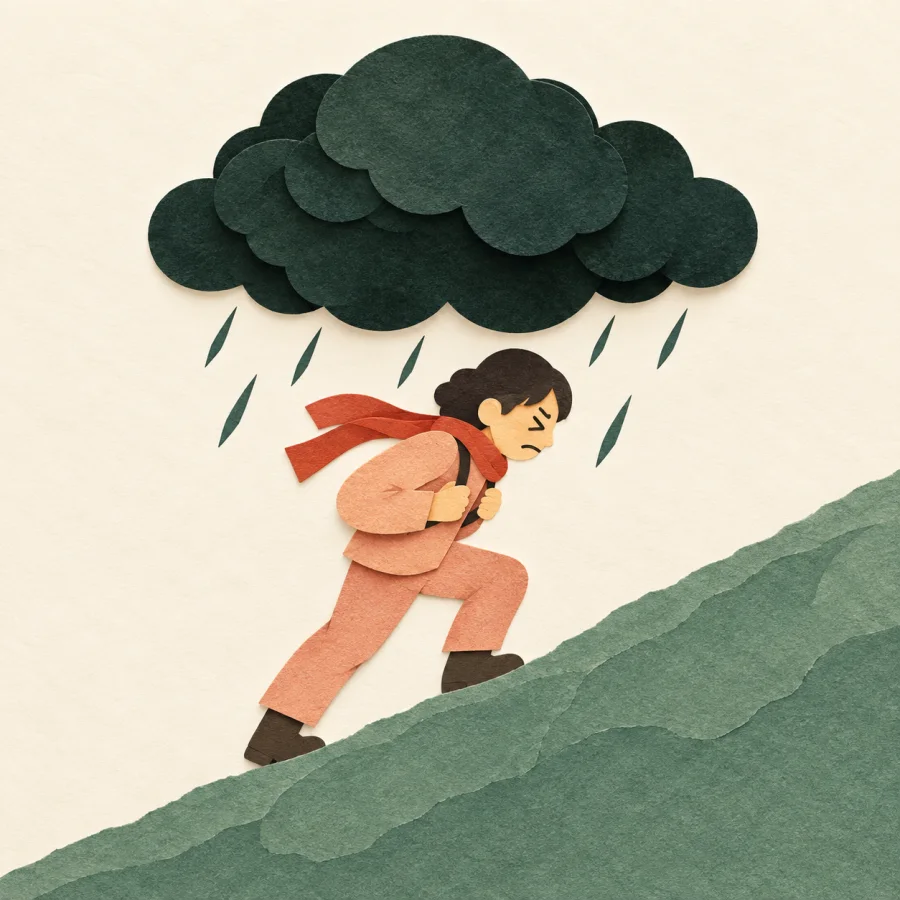 Eine Person unter einer Gewitterwolke