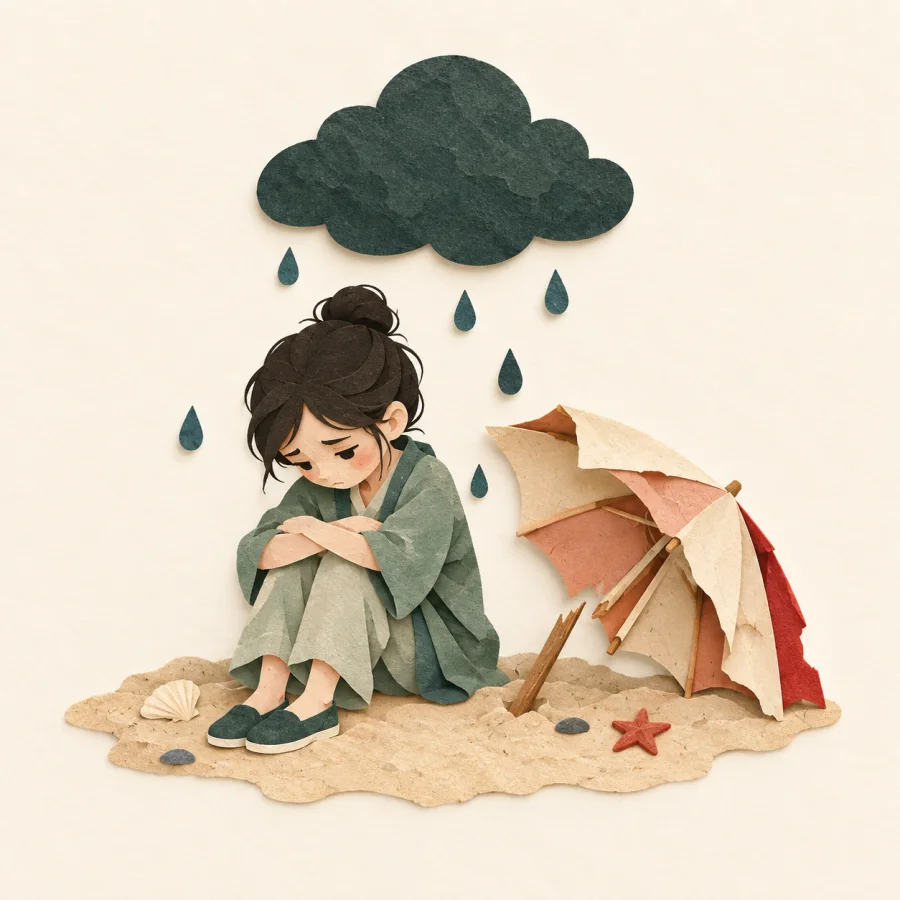 Eine traurige Person mit einem kaputten Regenschirm