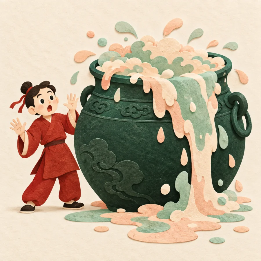 A startled person beside an overflowing pot