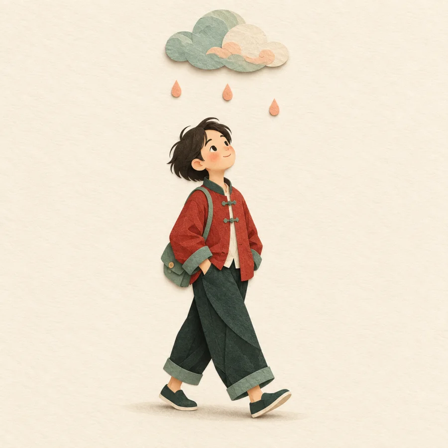 Uma pessoa andando sob uma chuva leve