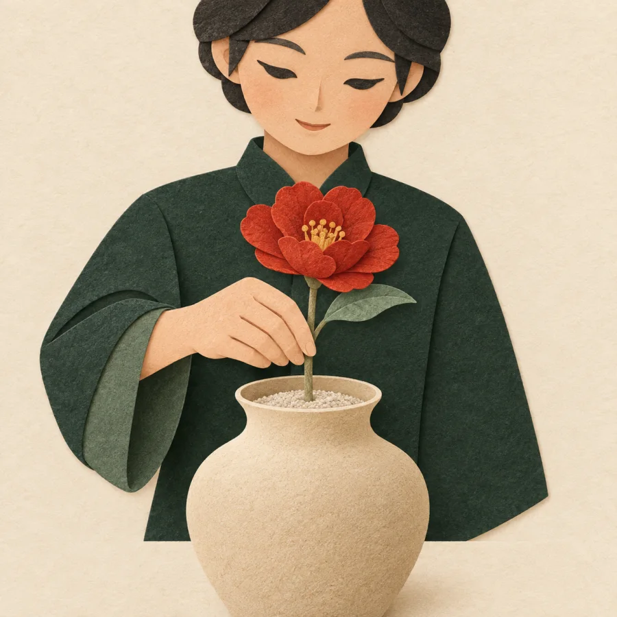 Eine Person, die Blumen in eine Vase stellt
