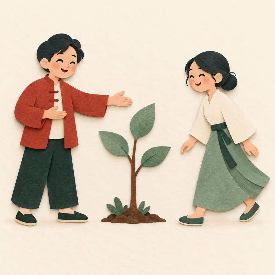 Una persona invitando a alguien hacia un brote de árbol