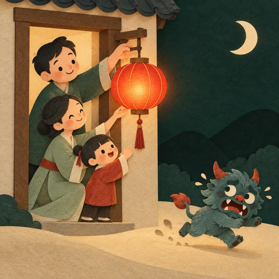 Satu keluarga memasang lampion