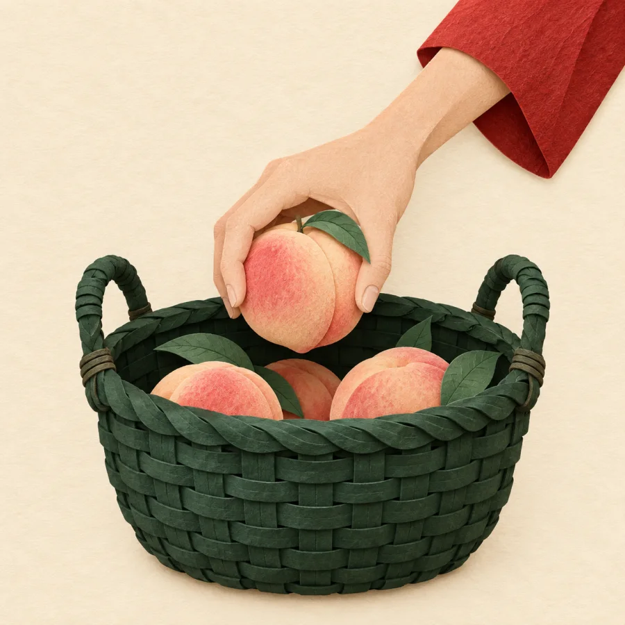 Eine Person nimmt Obst aus einem Korb