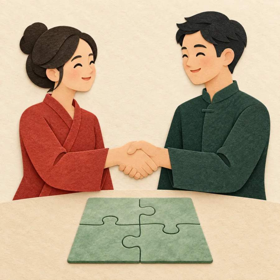 Zwei Personen geben sich neben einem Puzzle die Hand
