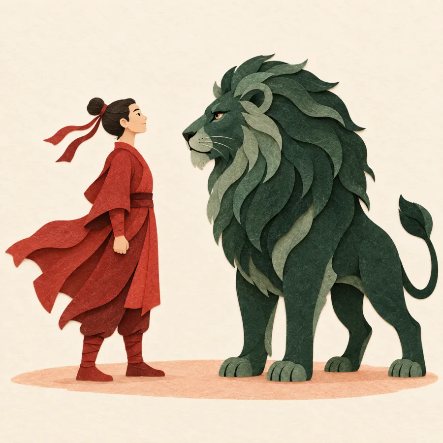 A person facing a lion
