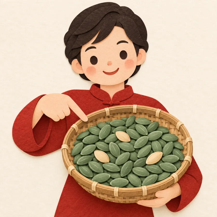 A person pointing to a basket of seeds