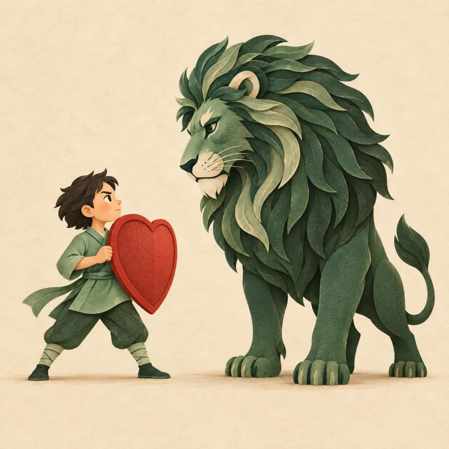 Una persona frente a un león