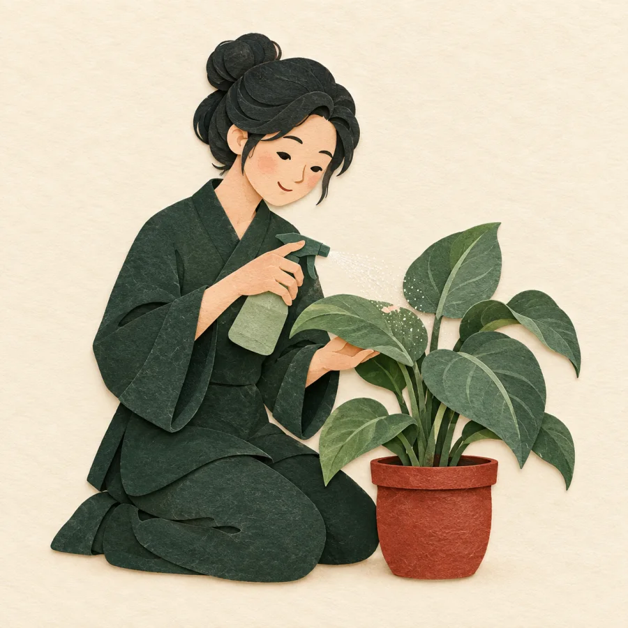 Une personne qui pulvérise une plante