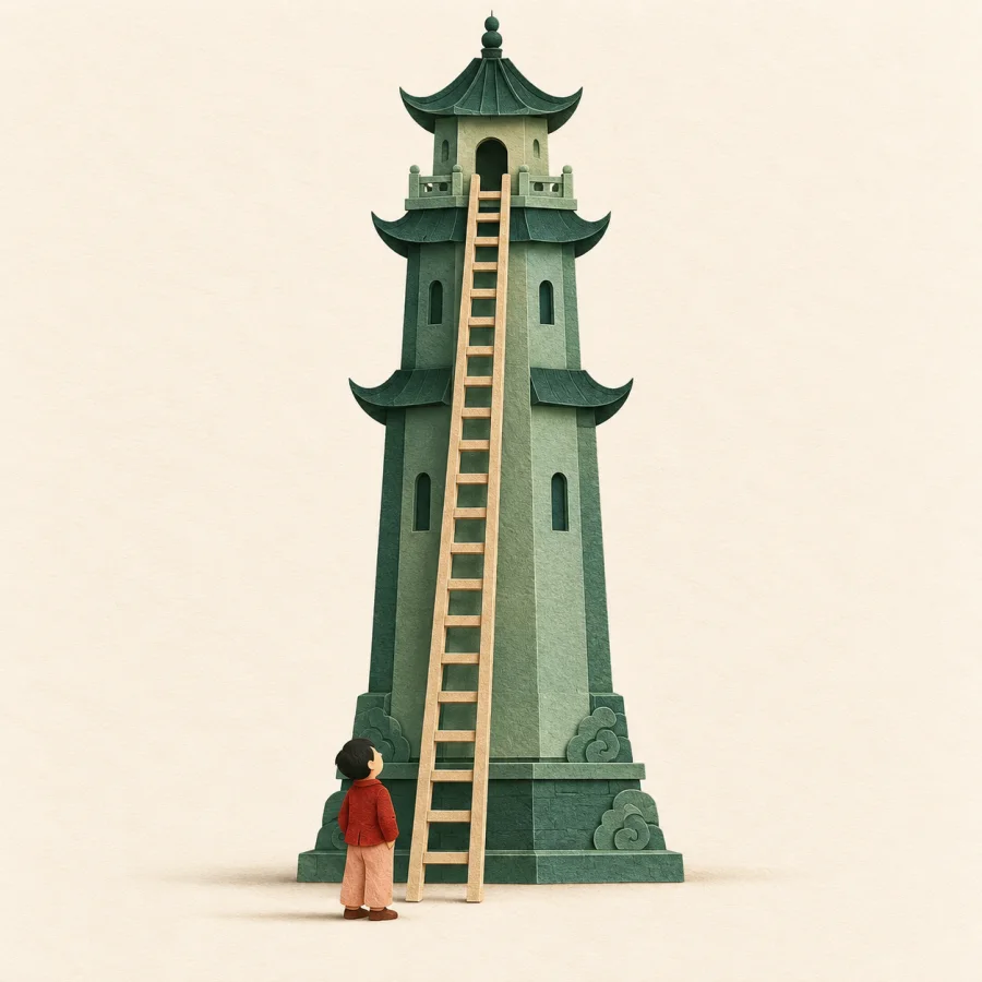 A ladder beside a tall tower