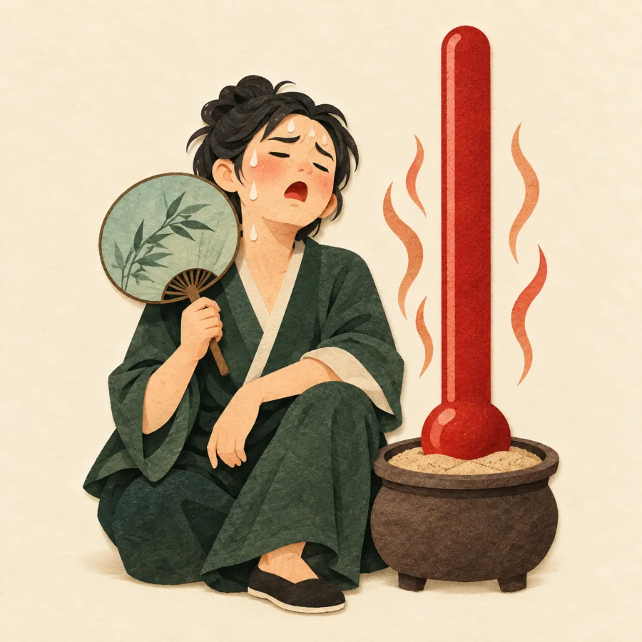 A sweating person beside a thermometer