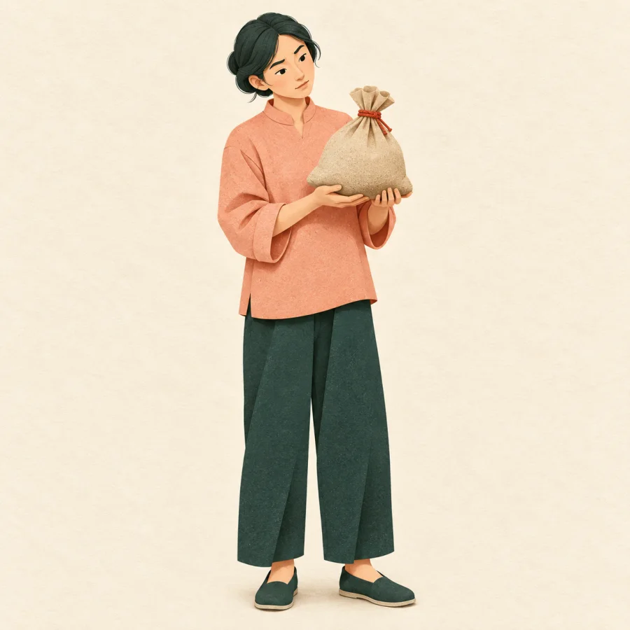 คนกำลังชั่งน้ำหนักถุงผ้าใบหนึ่ง