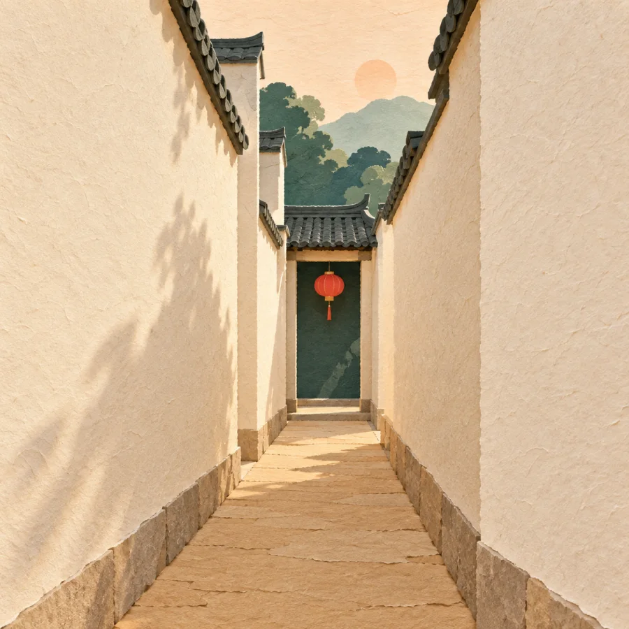 A narrow alley between tall walls