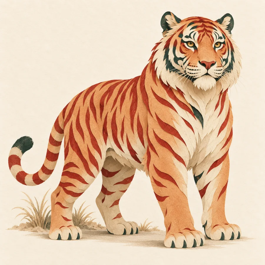 Un tigre de pie junto a la hierba