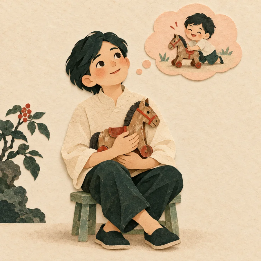 Une personne repensant à son enfance avec un jouet