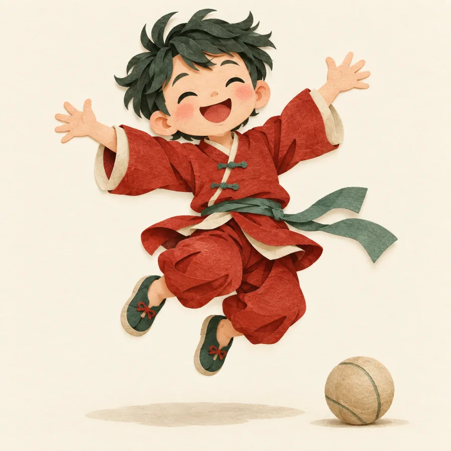 A child jumping beside a ball
