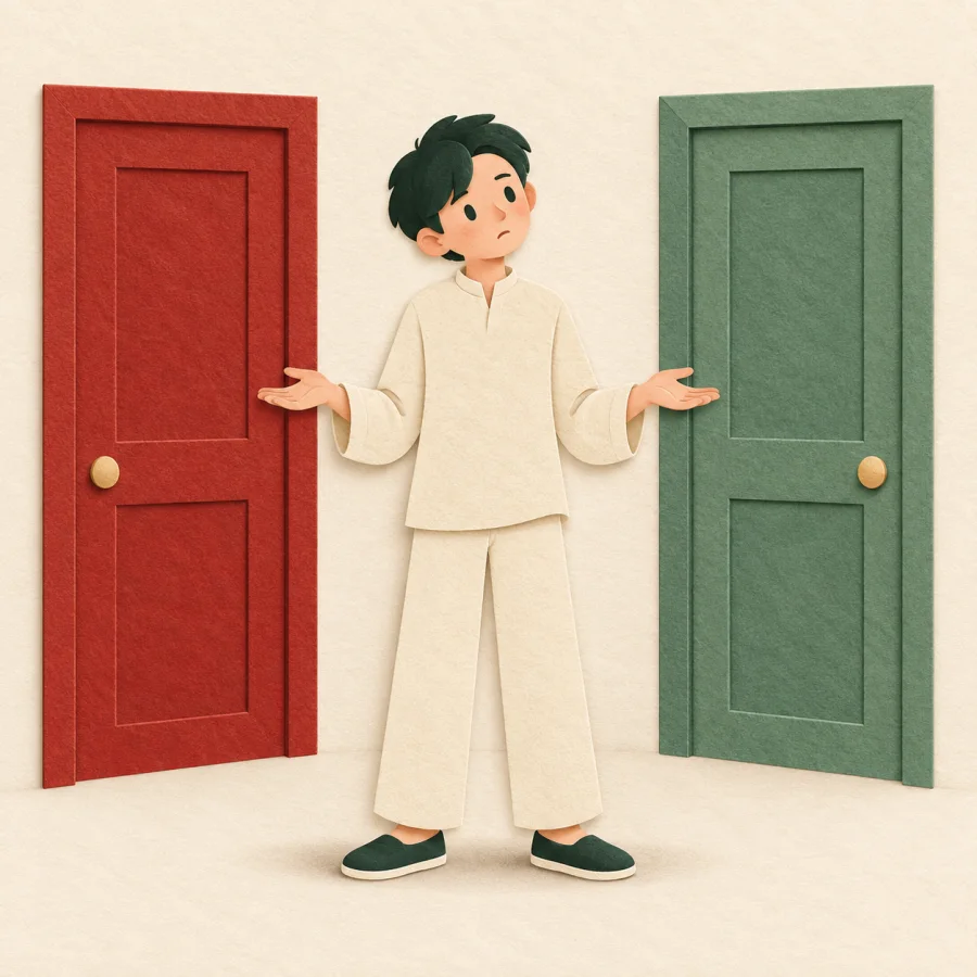 Uma pessoa escolhendo entre duas portas