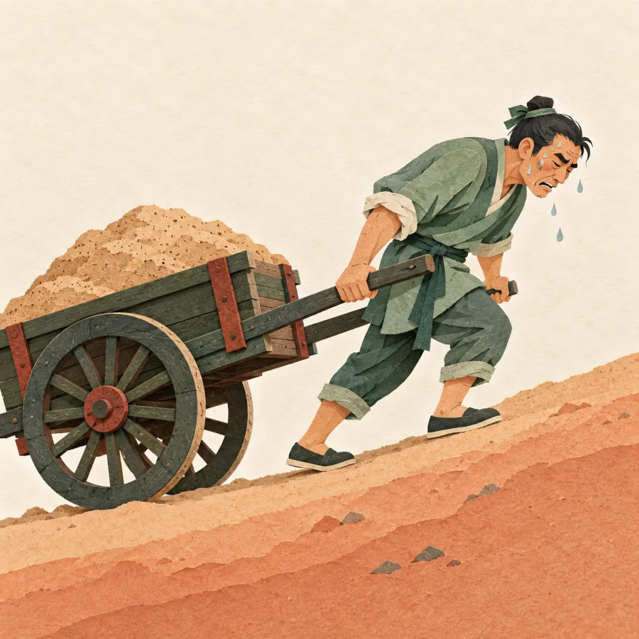 A worker pulling a heavy cart