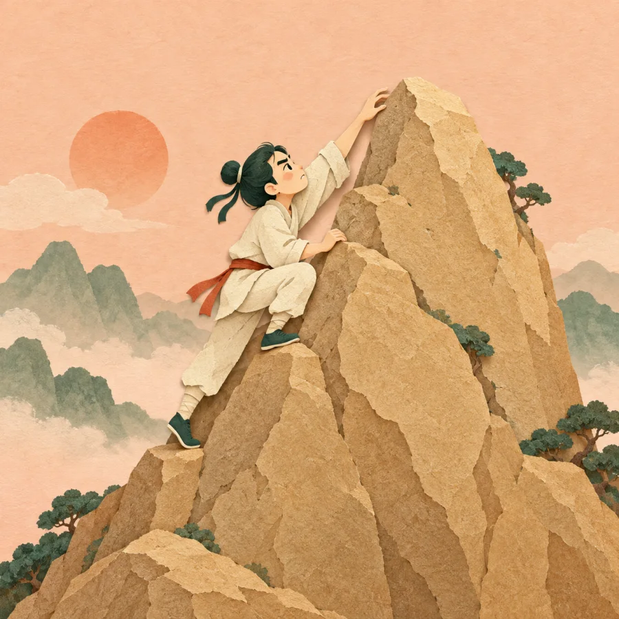 A person climbing a steep rock