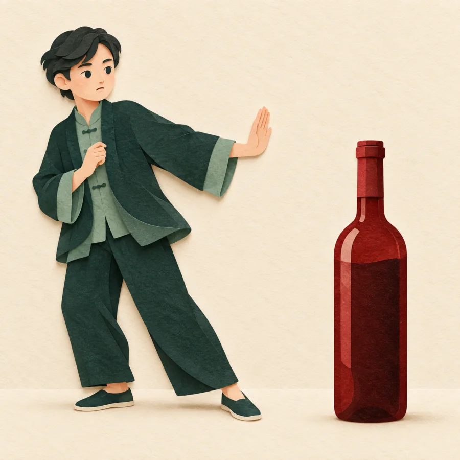 Una persona rechazando una botella de vino