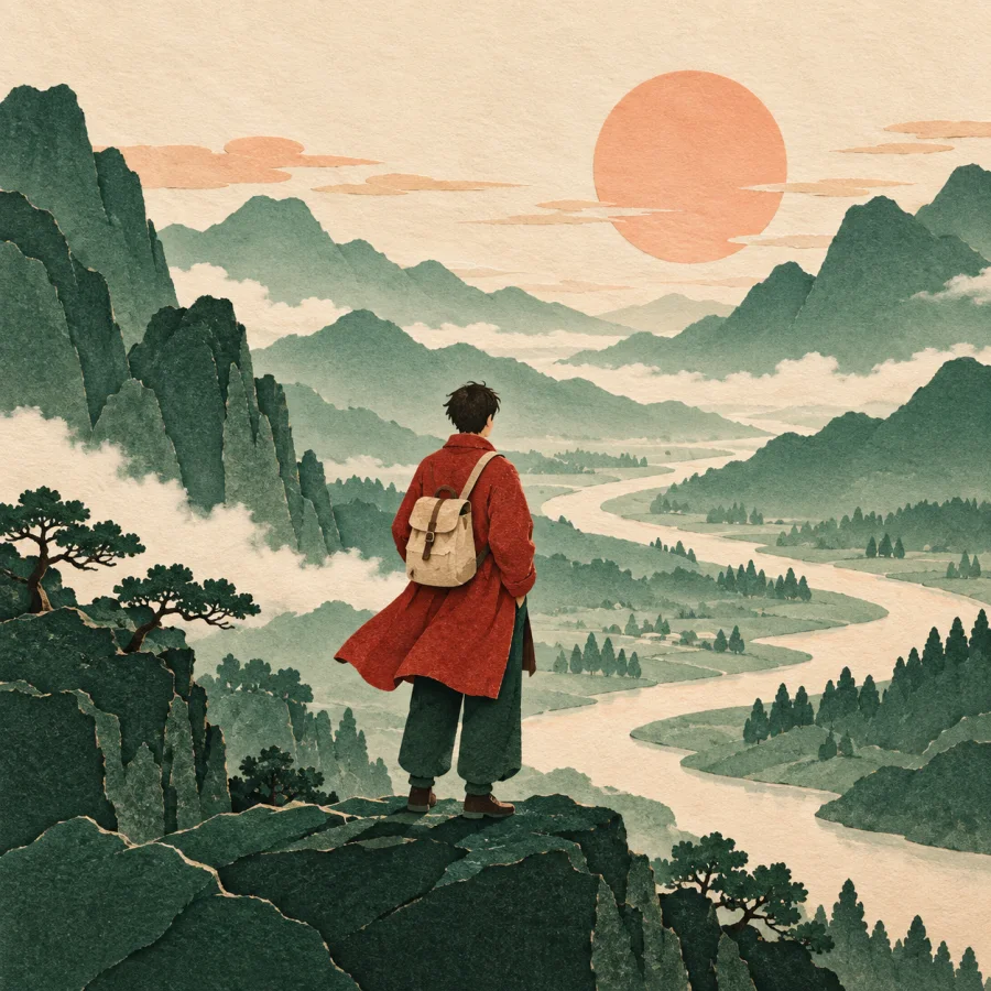 A traveler looking at a valley