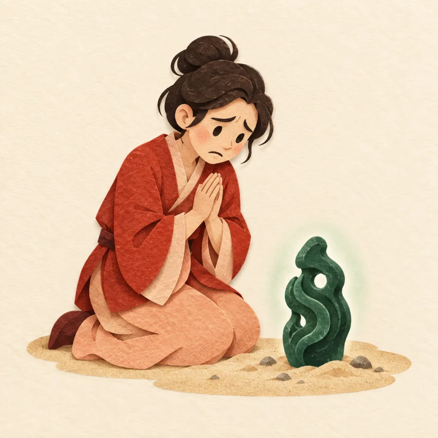 คนกำลังคุกเข่าต่อหน้าเครื่องราง
