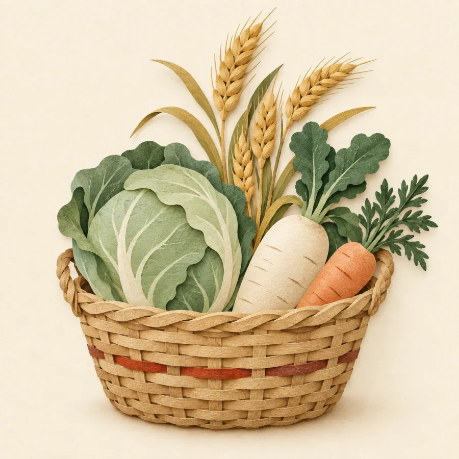 Una cesta de verduras y cereales