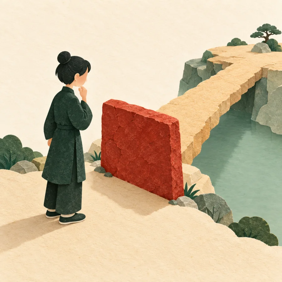 A person before a gate stone