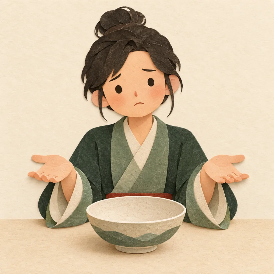 An empty bowl beside a person