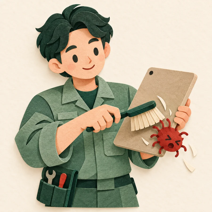 Um técnico limpando um tablet